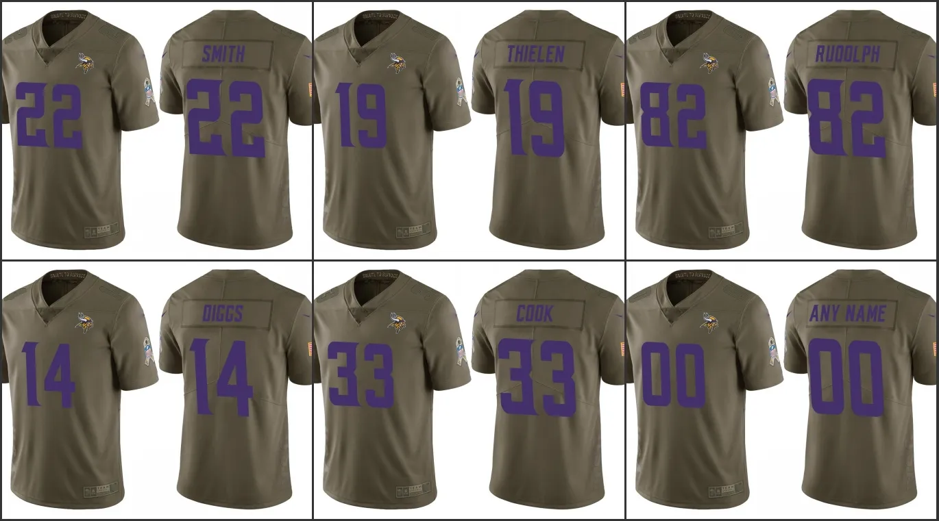 미네소타의 말입생 19 Adam Thielen 33 Dalvin Cook 82 Kyle Rudolph Custom Women Youth Salute Service Olive Jersey