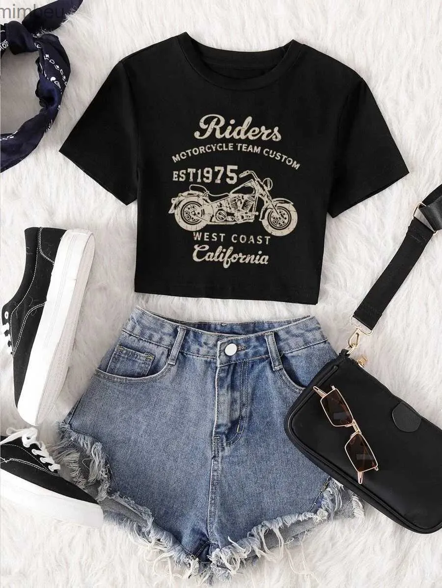 Women's T-Shirt Summer Spring Womens Y2K Sexy Slim Fit Sleeveless Round Neck Crop Top Shirt Motorcycle Letter Graphic Tee Women Clothing L240201