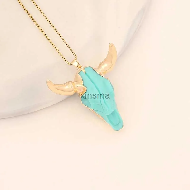 Chokers Bohemian Turquoise Beaded Necklace Zodiac Bull Head Necklace For Women Personalized Exaggerated Bull Skull Pendant Necklace YQ240201