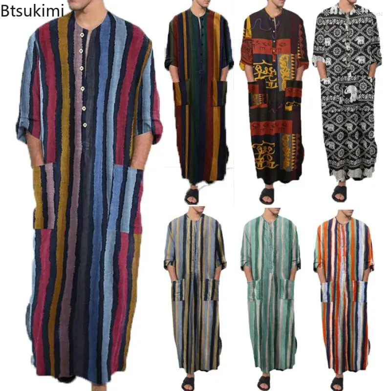 Ethnic Clothing 2024 Men's Muslim Abayas Cotton Line Nightgowns Bathrobe Robe Kaftan Holiday Beach Man Arabic Dress