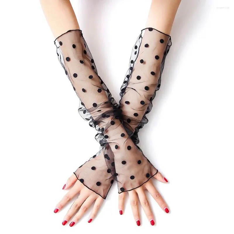 Knee Pads Black Lace Mesh Sleeves Long Sun Protection Thin Arm Dotted Star Pattern Gloves For Women Wedding Dress Accessories