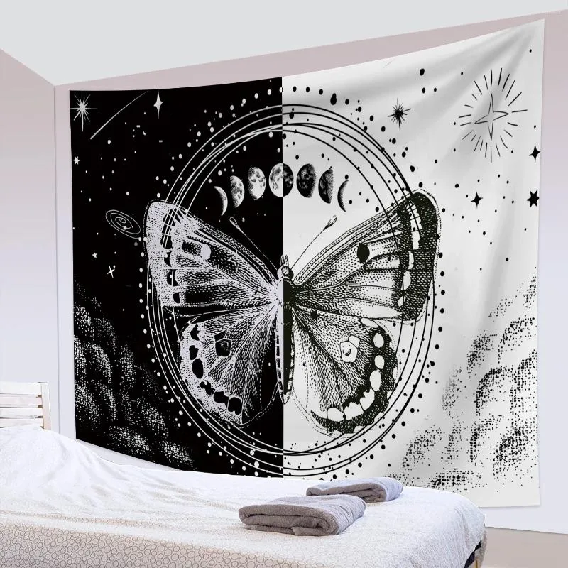 Tapices Mariposas y polillas Tapiz Negro Blanco Flor Colgante de pared Manta de playa Dormitorio romántico Dormitorio Decoración del hogar