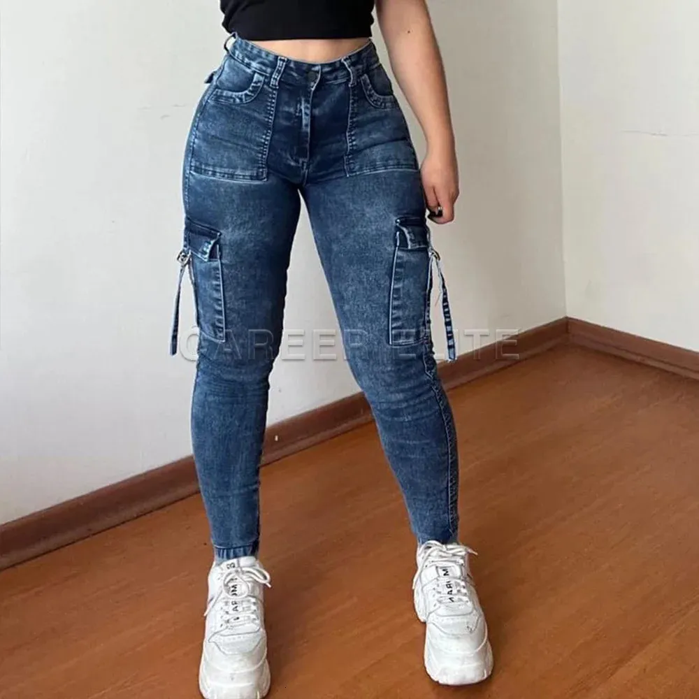 Mode Jeans Denim Hosen Push-Up Stretch Streetwear Skinny Frauen Y2K Hohe Taille Cargo Herbst Winter 240118