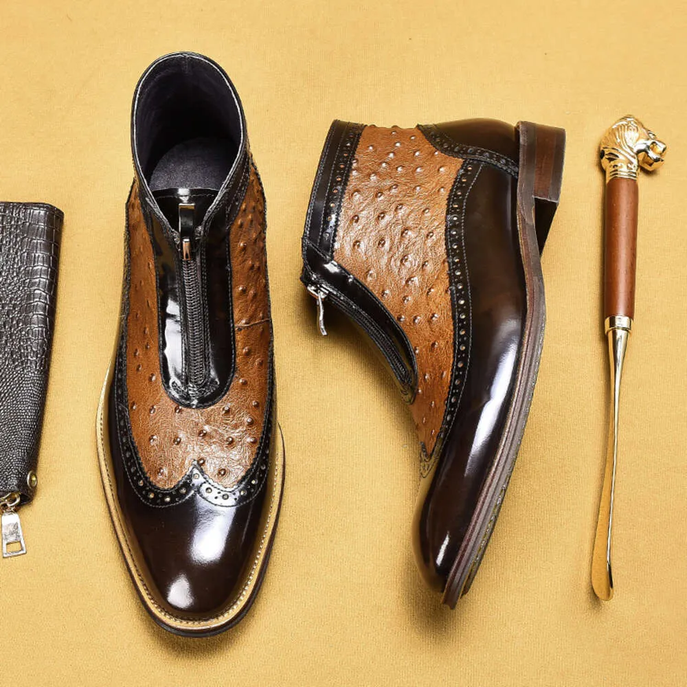 Ankle Boots 45 Genuine Leather Oxford Man Elegant Dress Fashion Ostrich Pattern Black Bury Slip on Boot Men