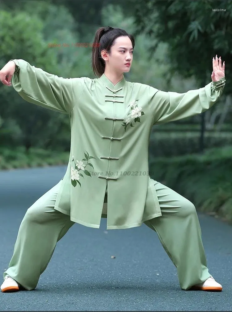 Vêtements ethniques 2024 Chinois Vintage Tai Chi Wushu Performance Tops Pantalons Ensemble Arts Martiaux Fleur Imprimer Uniforme Équipe