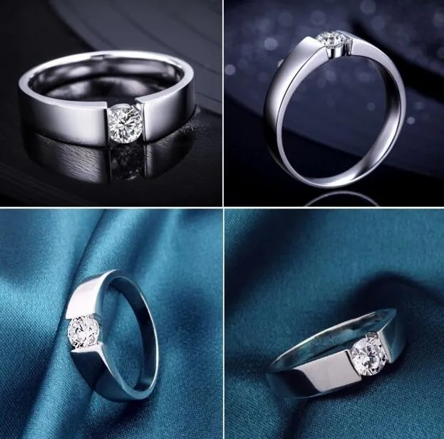 Matching Couple Rings Set – His & Hers Wedding Bands, White Gold Plated With AAA CZ, Titanium Men's Ring