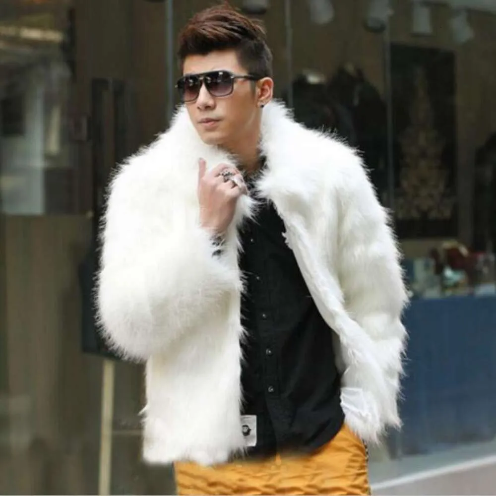 Höst- och vinterdesigner Black Fashion Coat Imitation Fur Lapel Mens Casual Slim 3p3p