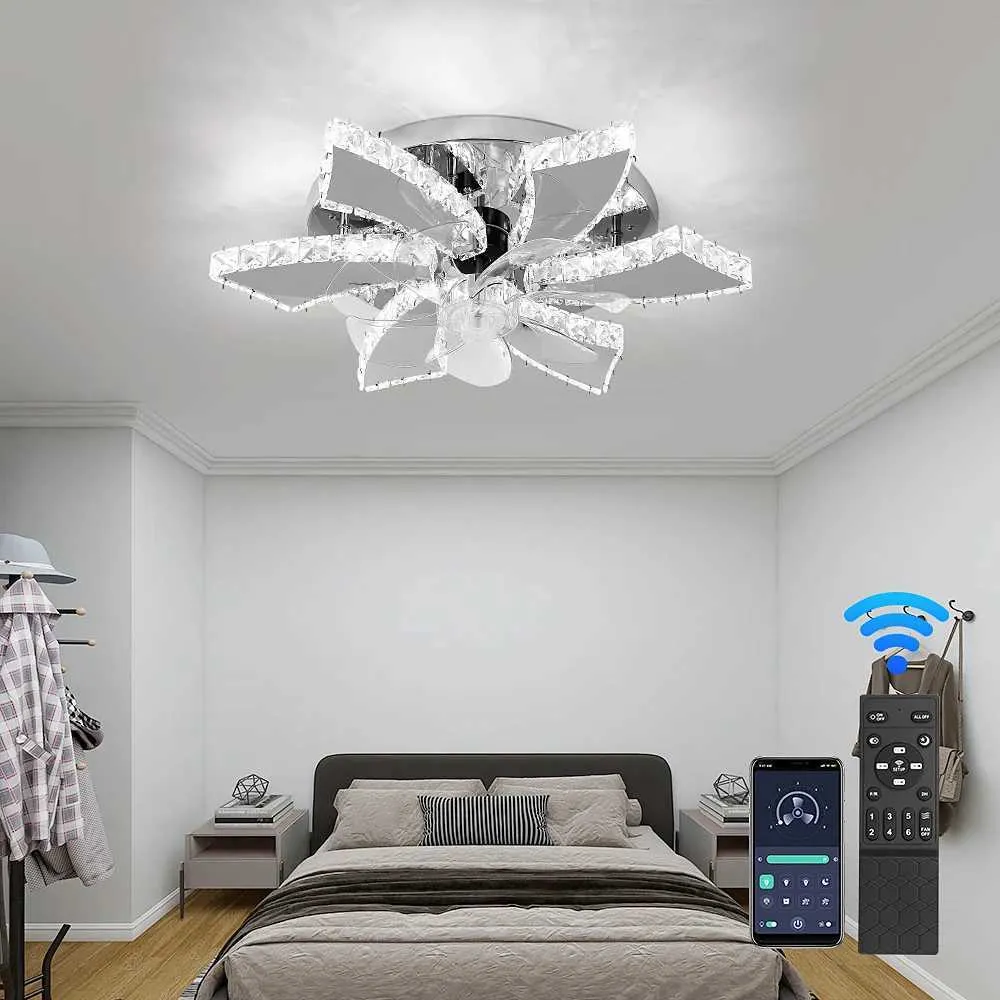 Pendant Lamps Modern Crystal Led Ceiling Fan Lamp APP with Remote Control Variable Ceiling Chandelier Lamp 110V/220V For Bedroom Living Room YQ240201