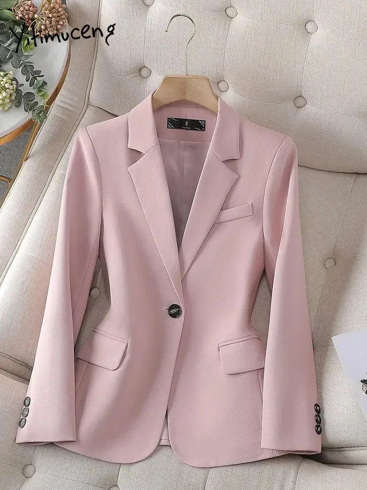 Yitimuceng Single Button Blazers for Women Spring Long Sleeve Slim Women Blazer Chic Office Ladies Notched Solid Coat 240201