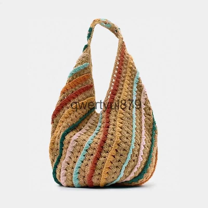 Shoulder Bags Casual Colorful Striped Crocet Women Soulder andmade Knied Large Tote Bag Woolen Woven Lady andbags Big Sopper PurseH2421