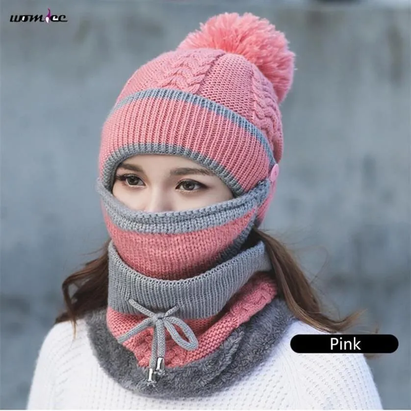 Beanie Kafatası Kapakları 2021 Kadın Şapka Eşarp Kış Setleri Kapak Maske Yüzü Koruma Kızlar Soğuk Hava Aksesuar Top Örme Yünlü262f