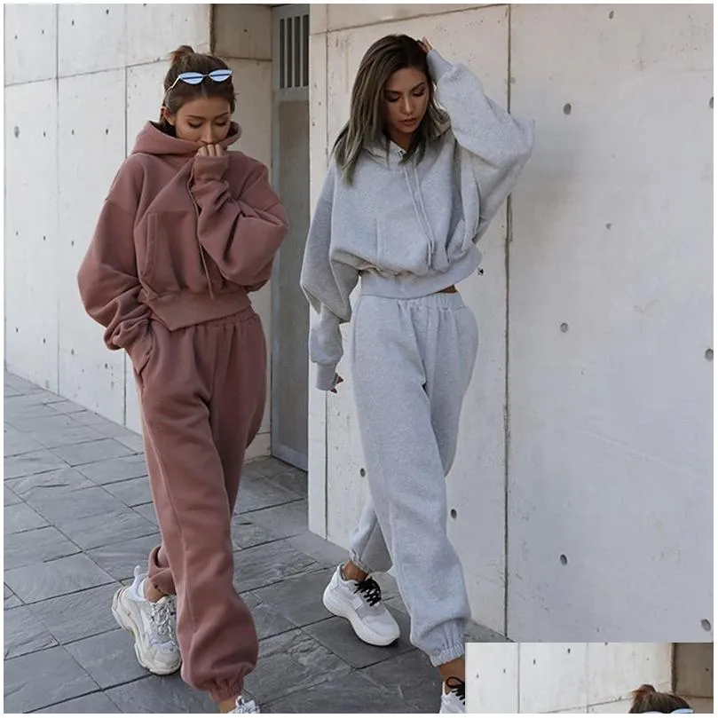 Mulheres Tracksuits Mulheres Sport Tracksuits Duas Peças Conjunto de Roupas Treino Cor Sólida Moletom Com Capuz Calça Longa Jogger Outfit Fema Otyqu