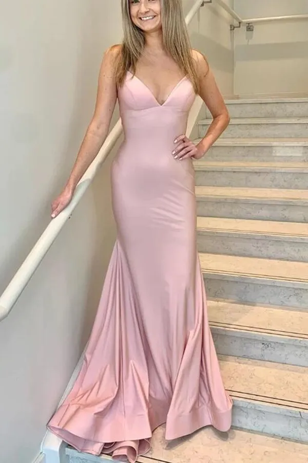 Розовое длинное платье русалки для выпускного вечера со шнуровкой на спине Вечернее платье с V-образным вырезом Вечерние платья с открытой спиной