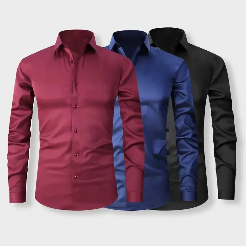 Moda masculina camisa de cor sólida clássico negócios lapela camisas simples magro encaixe manga longa formal marca masculina blusas sociais 240201