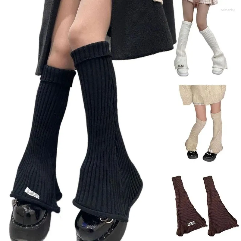 Women Socks Harajuku Chunky Ribbed Knit Flare Solid Color Striped Turn Cuff Foot Cover Gothic Street Footless Knee