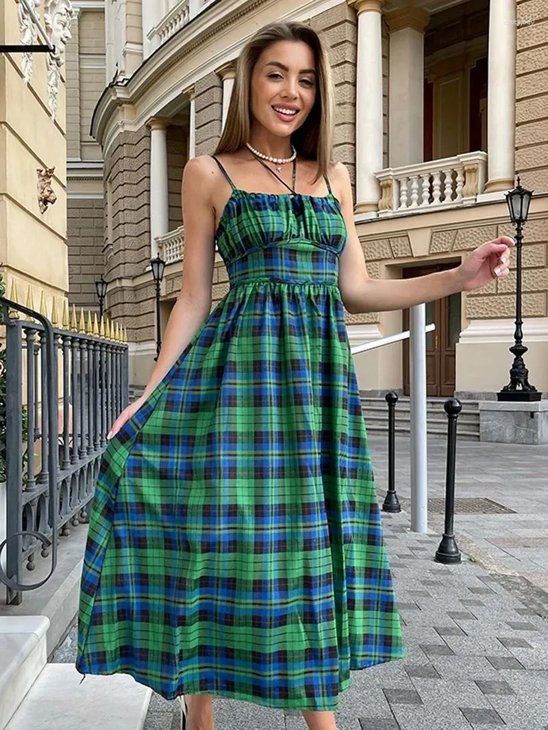 Casual Dresses Sleeveless Summer Women Long Bandage Sexy Boho Beach Slip Dress Blue Green Plaid Maxi For 2024