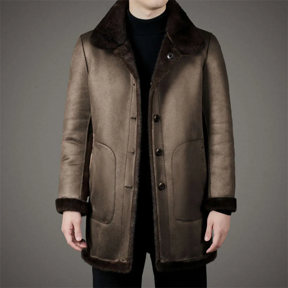 Diseñador de invierno Xuelan Mink Fleece Coat An para hombre de longitud media de cuero y piel con cuello de doble cara para mediana edad 9E7E