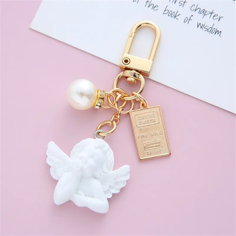 Chaveiros Criativo Vintage Anjo Branco Chaveiro Mulheres Menina Bonito Mini Pérola Coração Chaveiro Anel Titular Trinket Bag Charms Jóias