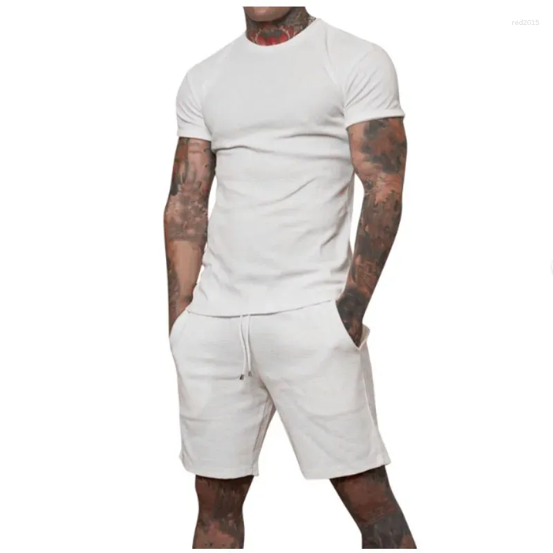 남성용 트랙 슈트 스포츠 우트 2pcs 의상 캐주얼 조깅 짧은 슬리브 둥근 목 티셔츠와 편안한 바지 여름 운동 흰색 m-3xl
