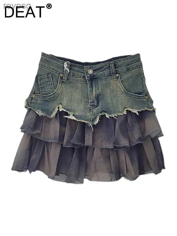 Skirts DEAT Womens Denim Skirt Spliced Irregular Burrs Pleated Tie-dye Gauze Double Layers Miniskirts 2024 Spring New Fashion 29L6301 YQ240201