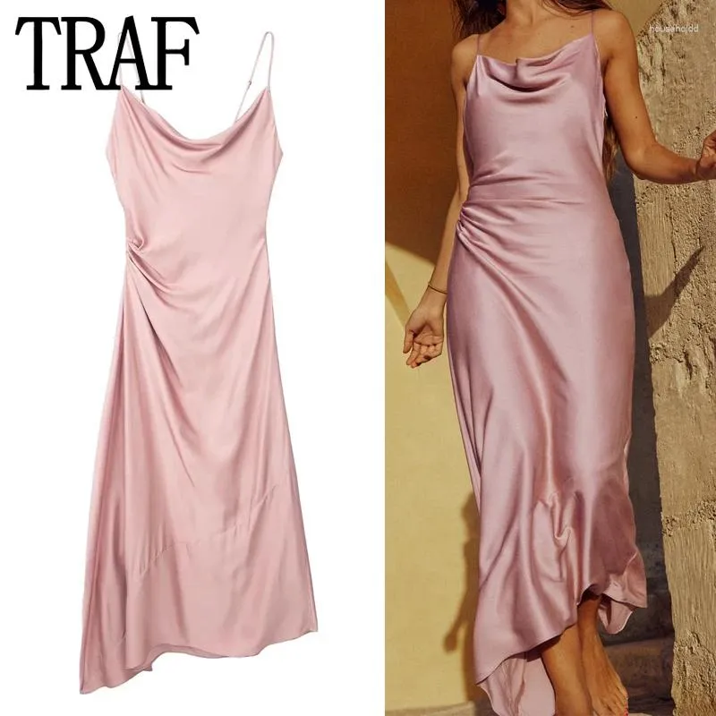Casual Dresses TRAF Pink Slip Long Dress Women Backless Satin Woman Asymmetric Evening Party For 2024 Sexy Summer
