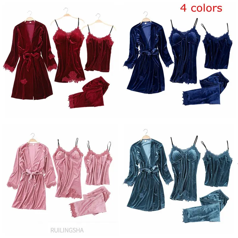 Vrouwen Winter Goud Fluwelen Pyjama Sets Plus Size Sexy Kimone Slaap Tops Mode Fluwelen 4 Stuks Warme Winter Pyjama Sets vrouwen 240126