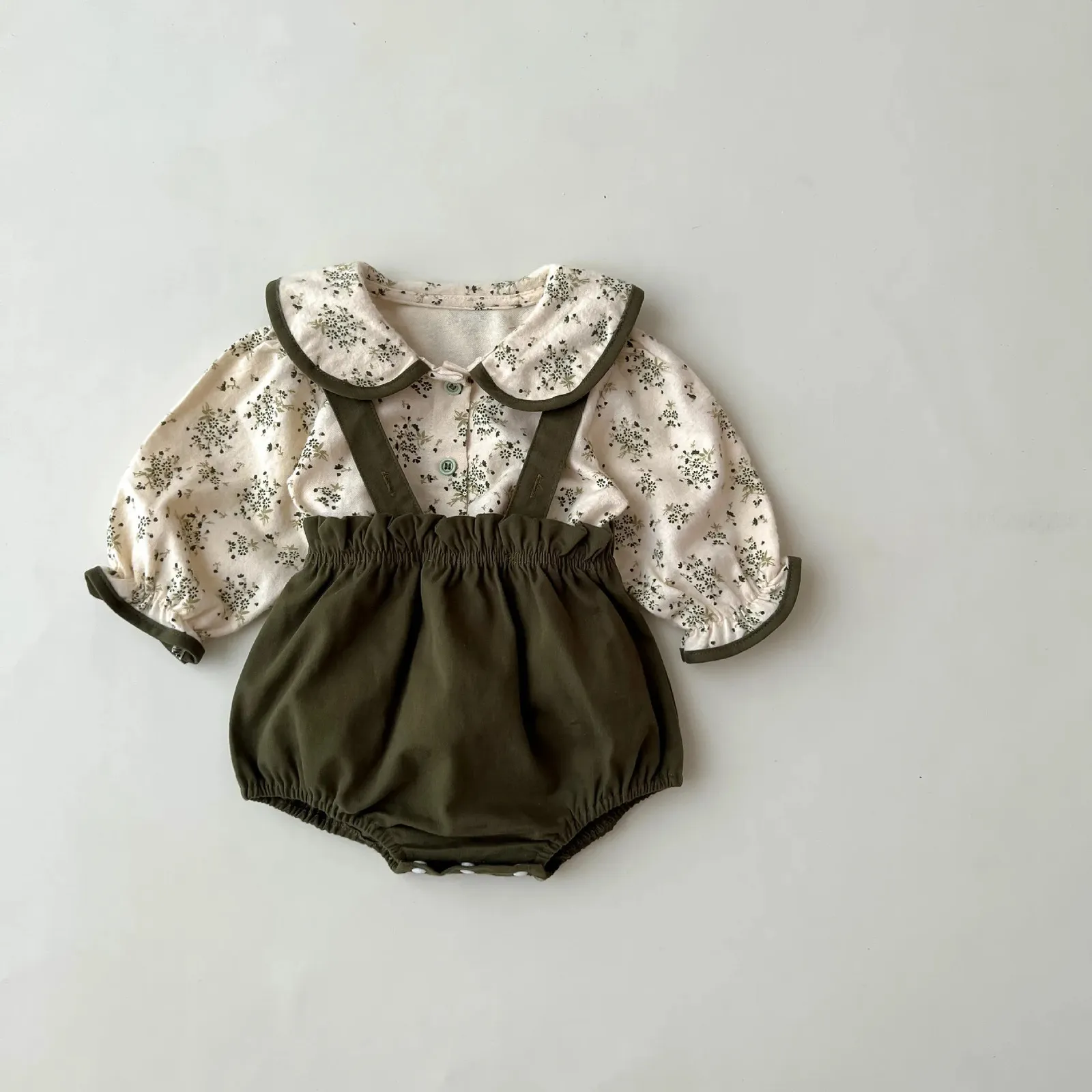 Ensemble de vêtements d'automne pour petites filles, chemisier à fleurs et short à bretelles, ensemble de vêtements verts coréens pour nourrissons nés, 7054, 240123