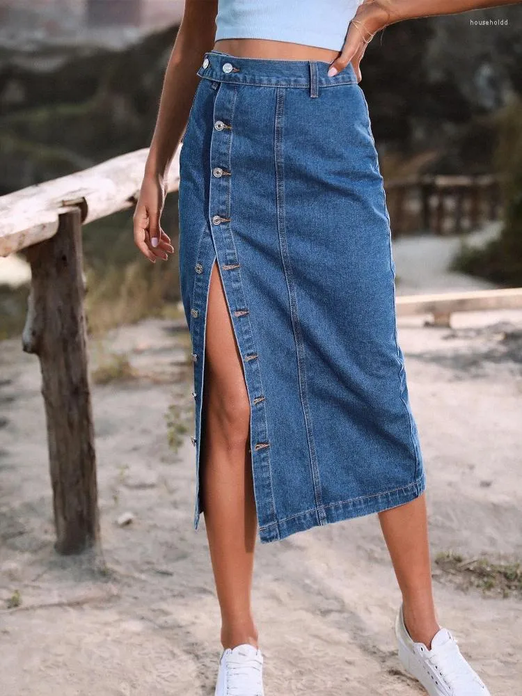 Jupes 2024 Bouton Femme A-Line Side Split Taille Haute Denim Jupe Bureau Lady Noir Bleu Midi Jean Automne Hiver Longue