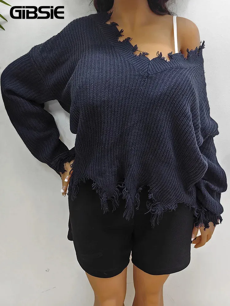 Gibsie artı Boyut Damlası Omuz Kadın Sweaters Sonbahar Kış V Boyun Uzun Kollu Gevşek Çiğ Kntted Pullover Jumper 240122