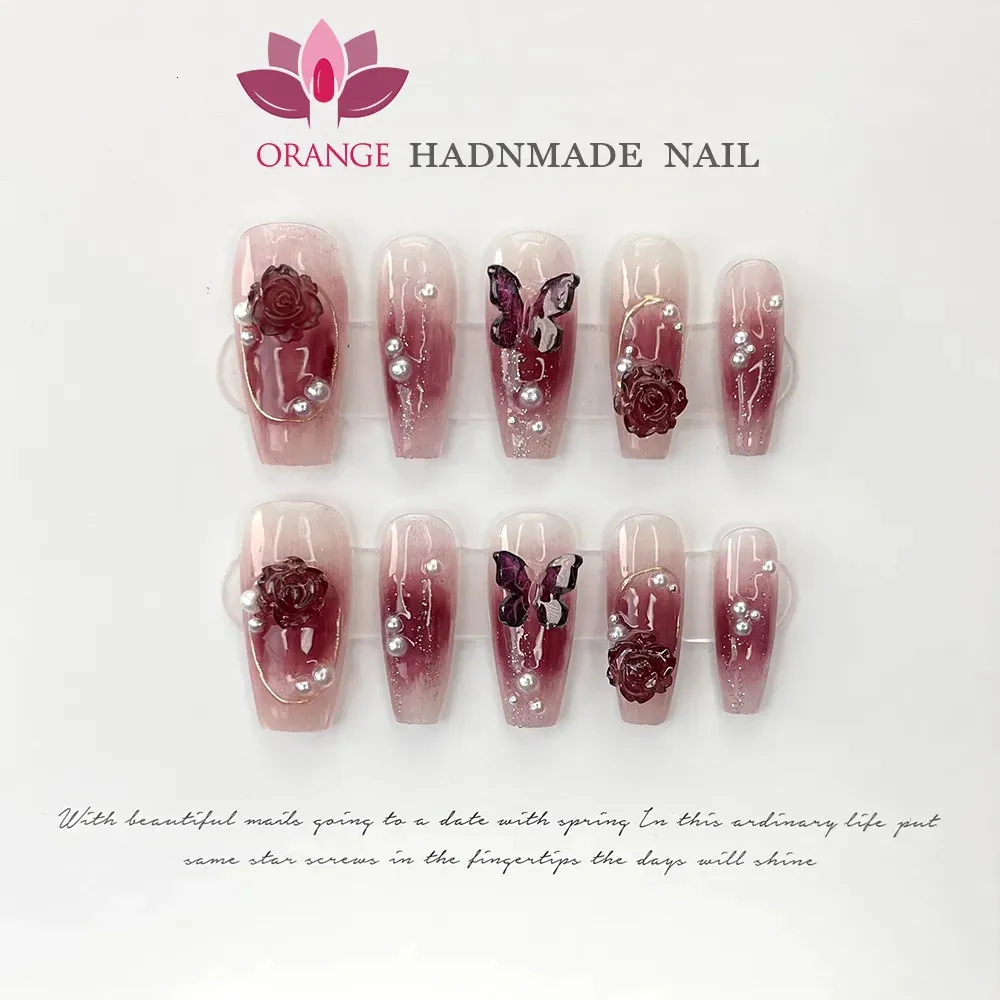 Handgemaakte Y2k Druk op nagels Herbruikbare decoratie Nepnagels Volledige dekking Kunstmatige manicure Draagbare oranje nagels Winkel 240201