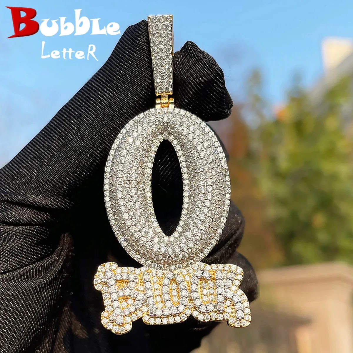 Bolha Carta Iced Out O Block Pingente Banhado A Ouro Real Zircônia Cúbica Micro Pave Hip Hop Jóias 240127