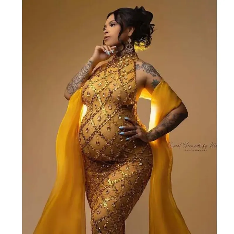 임신을위한 장식 된 출산 드레스 사진 촬영 신축성있는 섹시한 반짝이는 여신 임신 드레스