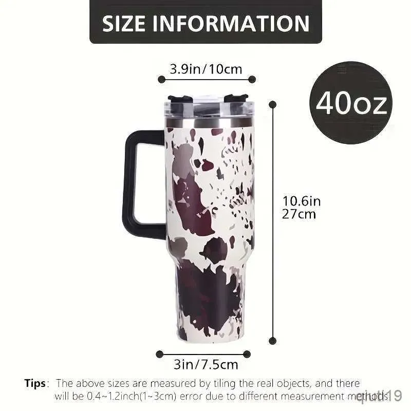 Thermoses 1Pc 40oz Cow Print Insulated Tumbler With Lid And StrawStainless Steel Coffee Tumbler with HandleDouble Vacuum Leak Proof Mug