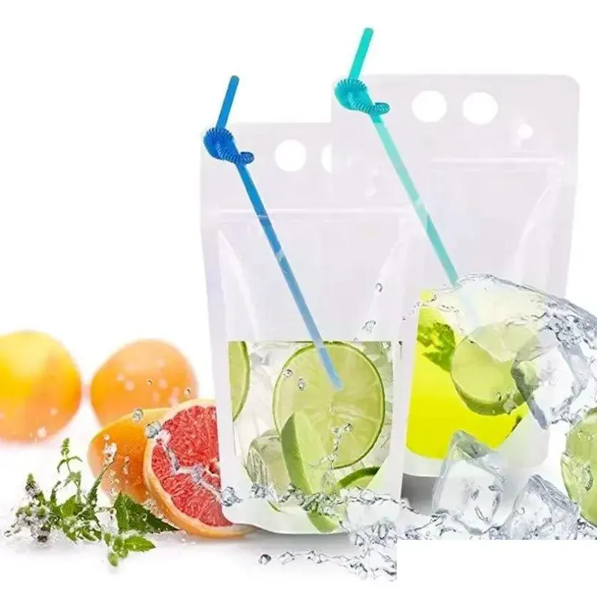 Disposable Cups & Straws Clear Drink Pouches Bags Frosted Zipper Stand-Up Plastic Drinking Bag With St Holder Reclosable Heat-Proof Fy Dhlfd