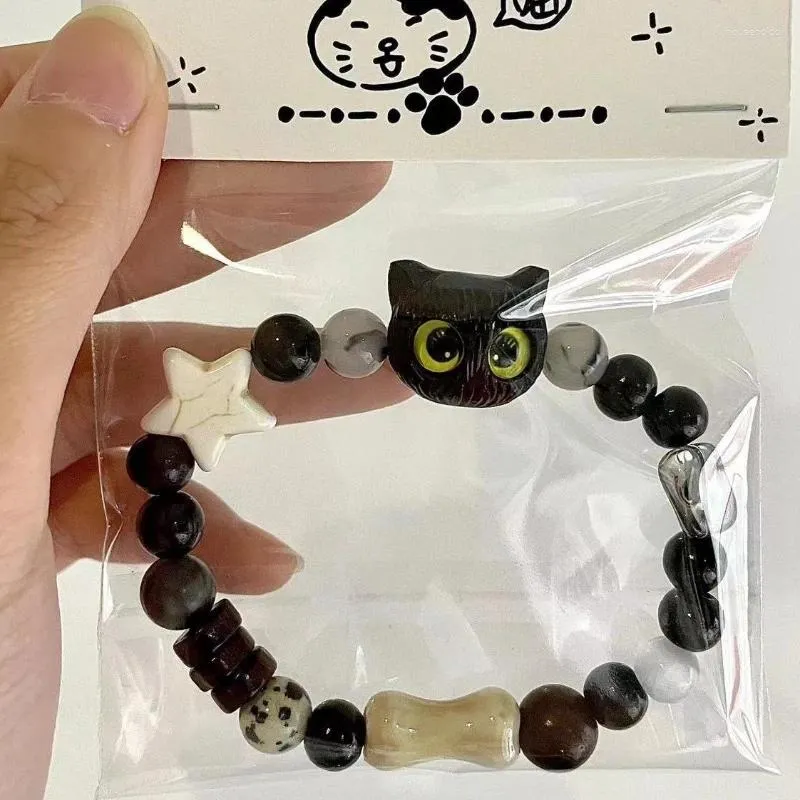 Charm Bracelets Cute Black Cat Braided Rope Wristband Natural Stone Beaded Cartoon Animal Couple Party Accessories Jewelry