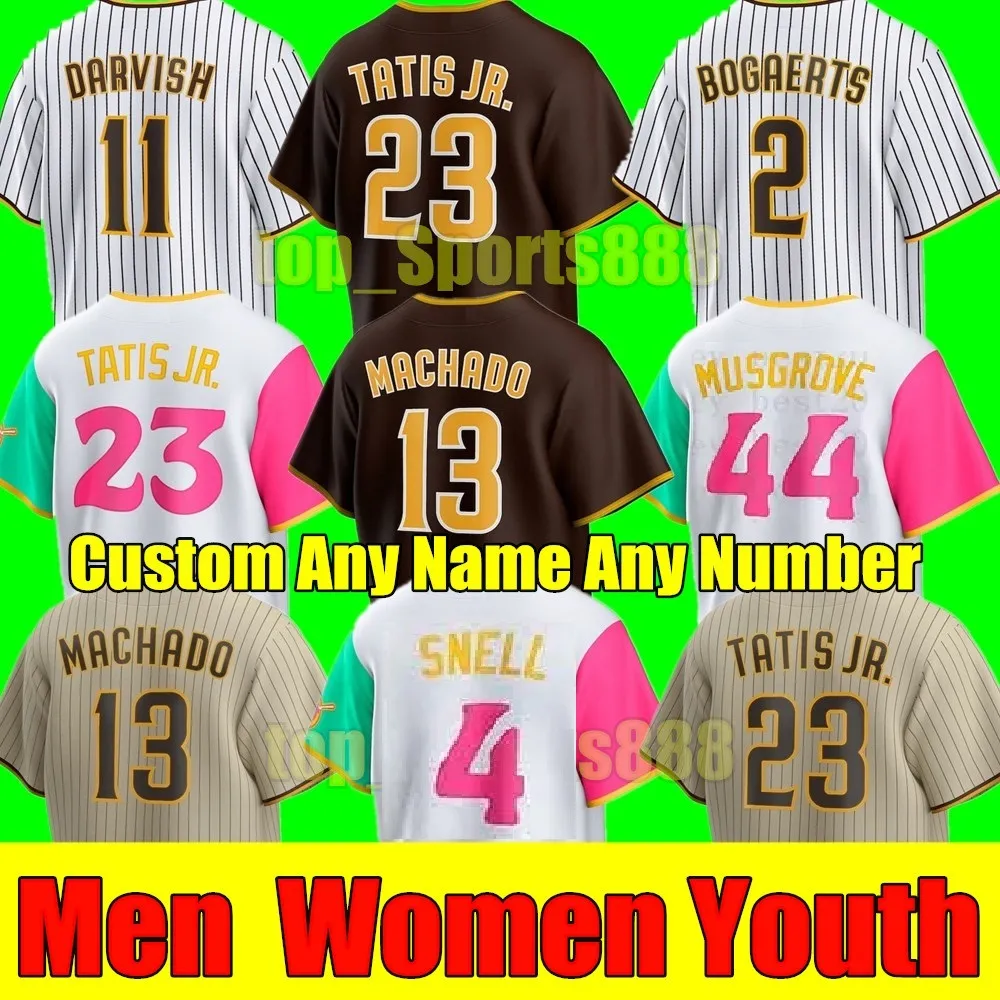 Novo 2024 Personalizado S-4XL Fernando Tatis Jr Jerseys Beisebol Blake Snell XANDER BOGAERTS SAN DIEGO MANNY MACHADO PADRES PROFAR YU DARVISH JOSH HADER Homens Mulheres Juventude