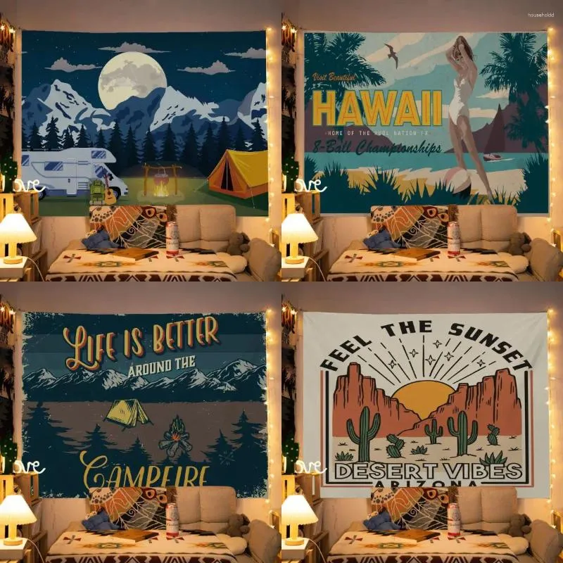 Tapissries American Vintage Style Tapestry Wall Hanging Bedroom Camping Bakgrund Tyg Heminredning Hippie Art