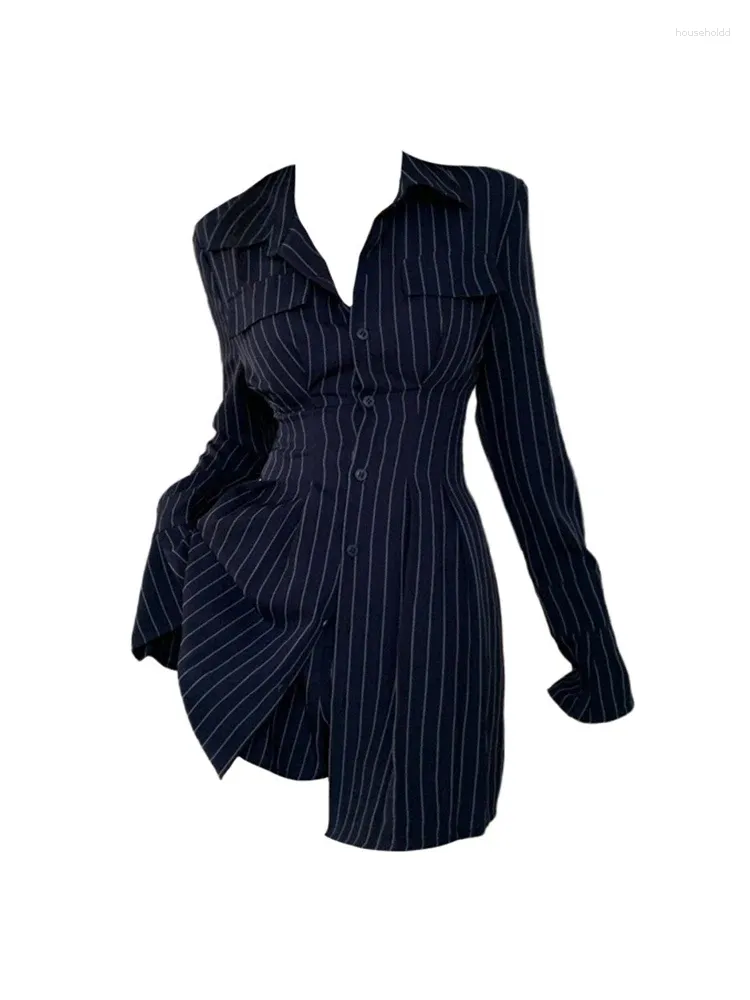 Sukienki robocze Kobiety klasyczny design w paski 2 sztuki strój Lapel Long Rleeve Slim Tunice Shirt żeńskie mini-szorty A-line wysokiej talii