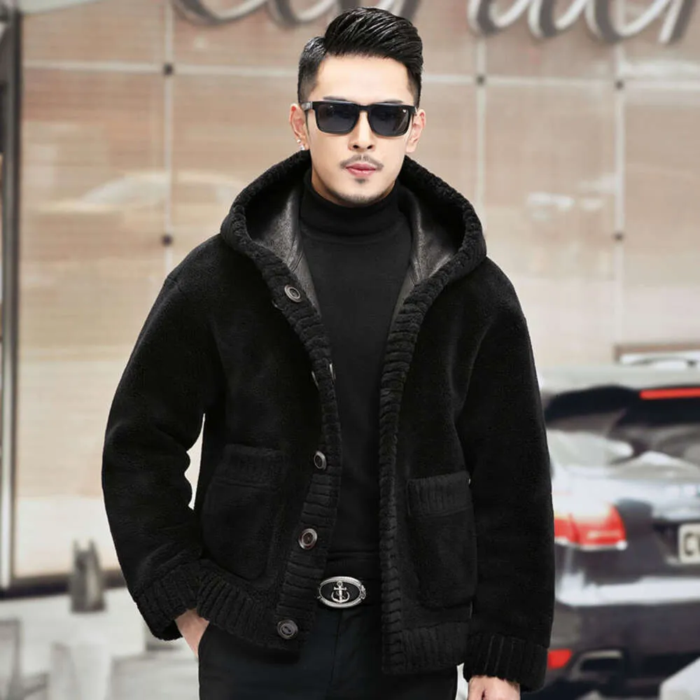 Sheep Cut Plush Fur Jacket for Mens Winter Hooded Granular Integrated Clothing Designer Year Two Sided Wear 3L47