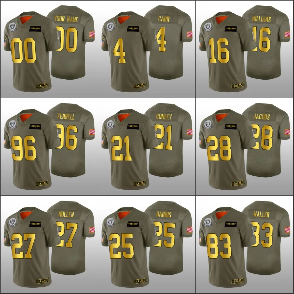 Las Vegas''Raiders''Men 28 Josh Jacobs 4 Derek Carr 16 Tyrell Williams Custom Women Youth Golden Salute to Service Jersey