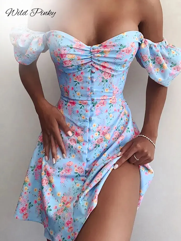 WildPinky Summer Print Dress French Style Puff Sleeve Floral Off Shoulder Mini Casual Corset Strapless Women 240123