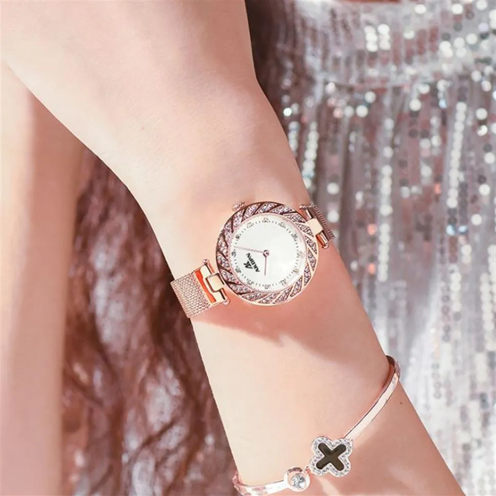 Diamant Déesse Lumineux Quartz Femmes Montre En Acier Inoxydable Maille Ceinture Résistant À L'usure Dames Montres Nature Beauté Simple Tw2432