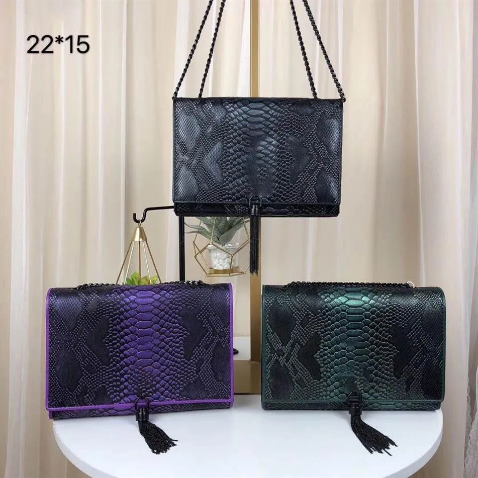 top 5A Bolsos Borla Cadena de metal Plata Negro Bolso Textura de cuero de color Cuero genuino Serpentina Cocodrilo Hombro223r