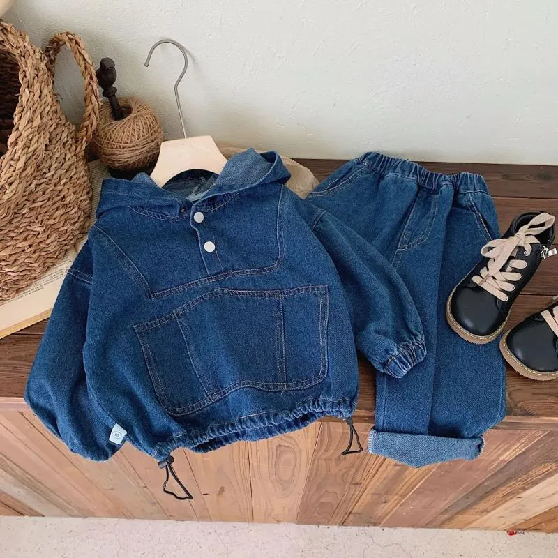 Kleidung Sets 2024 Herbst In Kinder Denim Set 2 stücke 1-7 Jahre Mode Mit Kapuze Patchwork Top Oberbekleidung Mantel solide Hosen