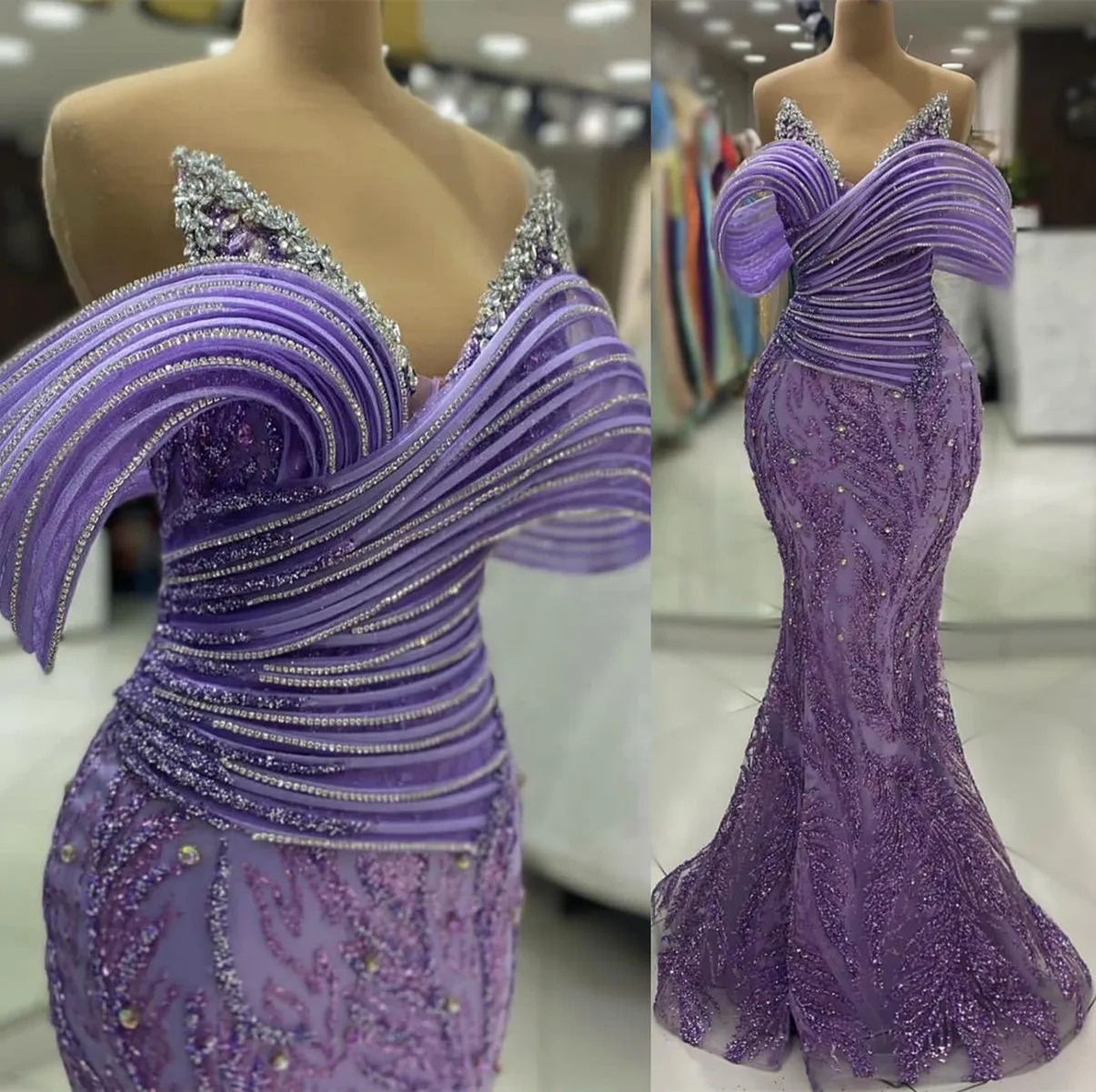 2024 ASO EBI LAVENDER MERMAID PROM DRESS BEADED CRYSTALS 스팽글 저녁 공식 파티 두 번째 리셉션 생일 약혼 가운 드레스 Robe de Soiree ZJJ89