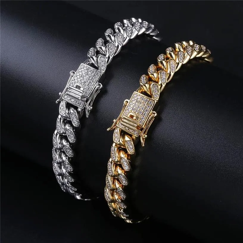 Nya modemän Hiphop Cuban Chain Armband Gold Silver Color Iced Out Cubic Zirconia Punk Smyckesgåvor för Men3054