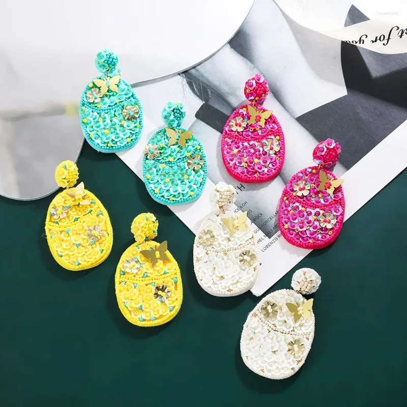 Boucles d'oreilles pendantes colorées papillon scintillant Floral perles paillettes goutte oeuf de pâques lapin lapin cadeau de vacances pour femmes filles