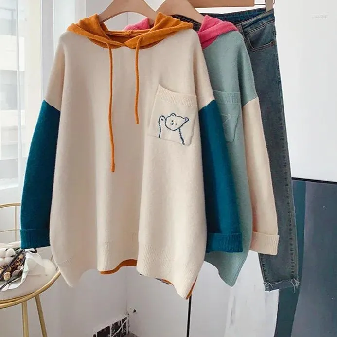 Suéteres femininos 2024 mulheres roupas de inverno com capuz desenhos animados retalhos de malha pullovers bolso pulôver malhas