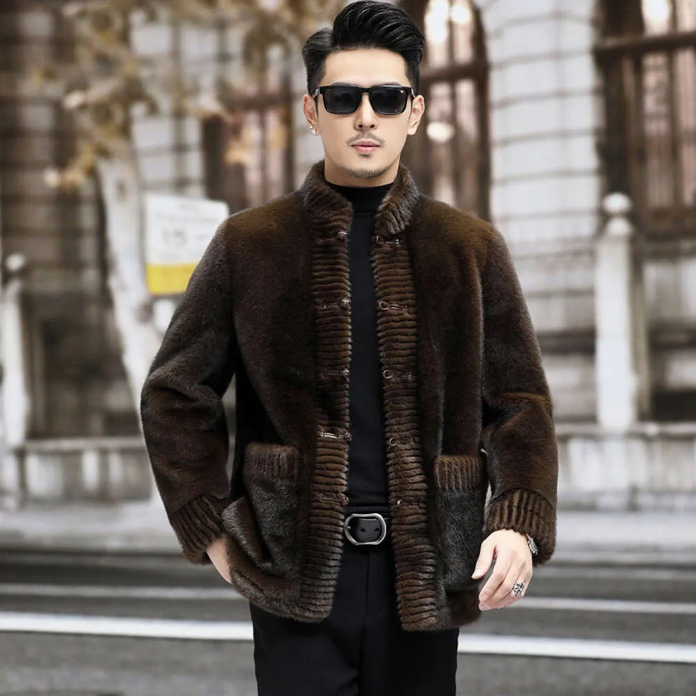 Nerzmantel für Herren, Nachahmung von Goldsamt, Schafschurfell, integrierter Winter-Designer im chinesischen Stil, Tang R3D3