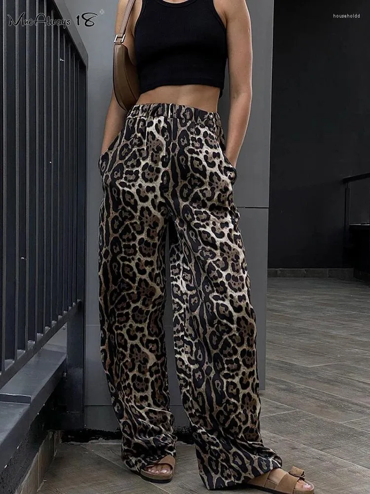 Calças femininas mnealways18 leopardo impressão pernas largas mulheres casual alta cintura elástica rua estilo feminino bolsos longos 2024